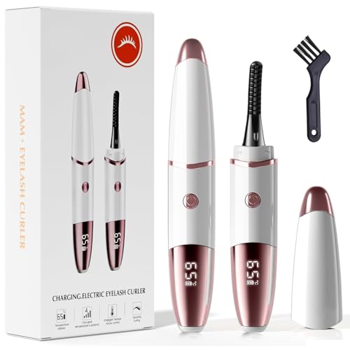 Heated Eyelash Curler, Fast Heat up Within 10s, 24 Hours Long Lasting, Rechargeable Electric Eyelash Curler, Temperature Control, Mini Lash Curler Safe Anti-Burn Eyelash Curle, with LED Display-White