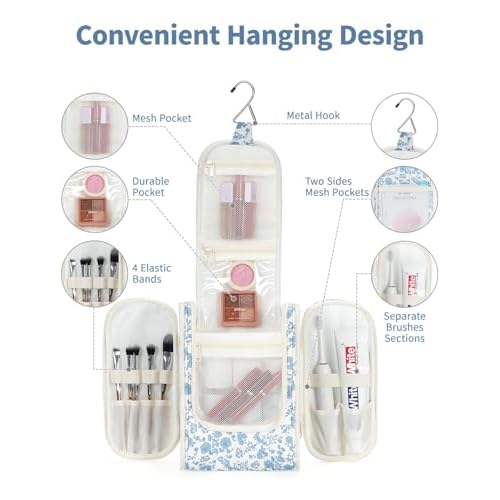 Narwey Hanging Toiletry Bag Women Travel Makeup Bag Organizer Toiletries Bag for Travel Size Essentials Accessories Cosmetics (Medium,Little Blue Flower)