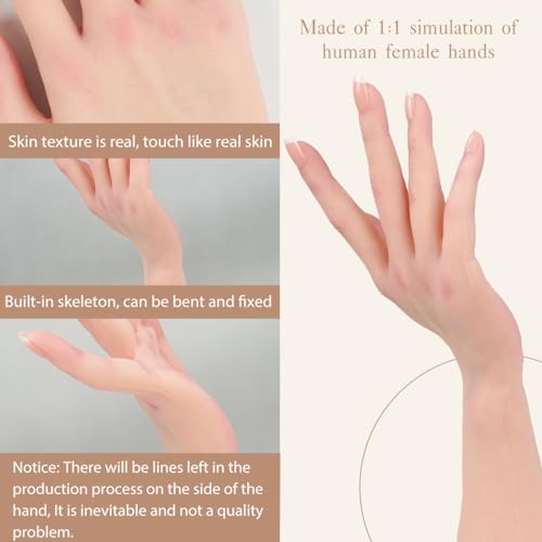 KUMIHO Realistic Silicone Female Hand Model Fake Hand for Jewelry Display Tattoo Training Practice Art Sketch with Nails, Left Hand - with Skeleton, White
