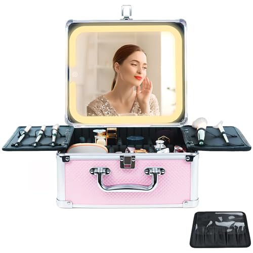 Makeup Organizer Box with Detachable Lighted Mirror, Travel Train Cosmetic Case, Adjustable Divider Storage Bag, Portable Artist Storage Suitcase with Magnetic LED Mirror (Light Pink)
