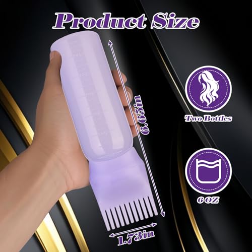Hair Oil Applicator - 2 Pack 6 Ounce Root Comb Applicator Bottle, Squeeze Hair Oil Bottle with Comb for Scalp, Dye, Braids (Purple)