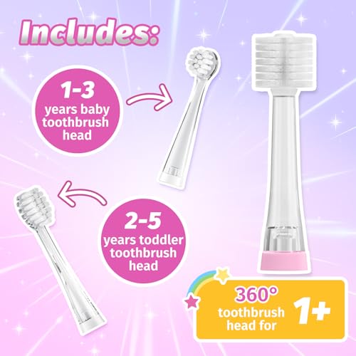Kids Electric Toothbrush, Sonic Toothbrush for Toddler Children & Baby Ages 1-3 2-4 5+, with 2-Minute Smart Timer & Fun LED Light, 4 Brush Heads Soft Bristles, Battery Powered (Pink Unicorn)