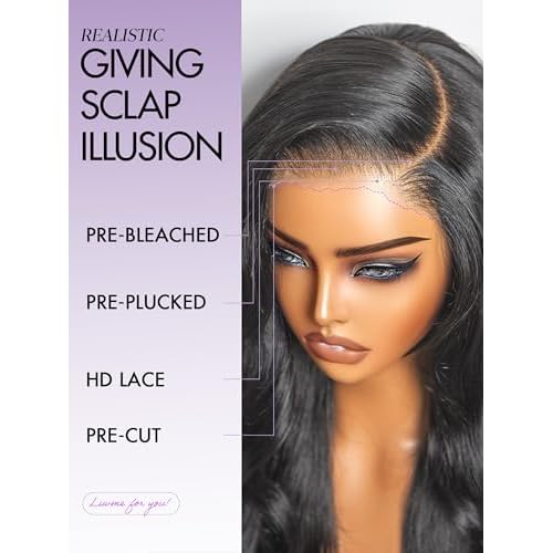 LUVME HAIR All-Day Comfort Real Glueless 7x6 HD Lace Wig 200% Density Hair PartingMax Lace Wigs Loose Body Wave Lace Front Wigs Human Hair Pre Cut Plucked Lace Frontal16 Inches Natural Black Color
