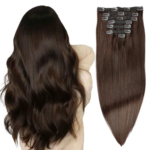 human hair clip in extensions,Soft&Natural 120g 7pcs hair extensions real human hair clip insHair (14 Inch, #4 chocolate brown)