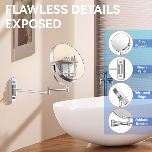 Auxmir 1X/30X Wall Mounted Makeup Mirror, 30X Magnifying Double-Sided Mirror with Tweezers, Bathroom Vanity Makeup Mirror, Cosmetic Mirror with 360 Rotation Extendable Swivel Arm, Chrome