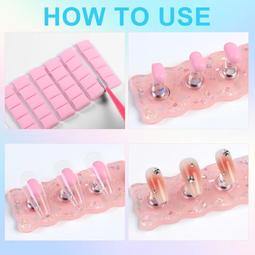 Pink Nail Stand for Press Ons - 2 Nail Holder for Painting Nails 10 Nail Stands 60 Sticky Tack 120 Adhesive Nail Tabs 1 Flower Nail Base - Press on Nail Stand Practice for Home Salon Supplies