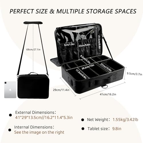 gzcz Large Capacity Travel Makeup Train Case,Professional Cosmetic Bags for Women,Portable Makeup Brush Bag Organizer Storage with Adjustable Dividers and Shoulder Strap