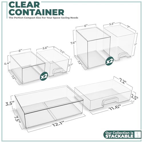 Sorbus Acrylic Storage Containers - 5 Pack, Stackable Storage Bins Set for Bathroom Organization - Clear Acrylic Drawer Organizers - Makeup Case Pull-Out Drawers (7.6¡¯¡¯ and 4.4¡¯¡¯ Tall and 12.1¡¯¡¯ Wide)