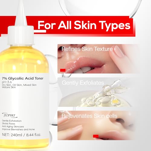 Glycolic Acid 7% Exfoliating Toner: Glycolic Acid Toner Gently Exfoliates 240ml - Toning Solution Reduces Skin Blemishes