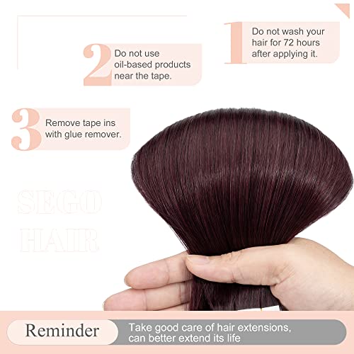 SEGO Tape in Hair Extensions Human Hair 16 Inch 50g 20pcs Natural Straight 100% Remy Rooted Seamless Skin Weft Invisible Double Sided Tape Hair for Women-Wine Red
