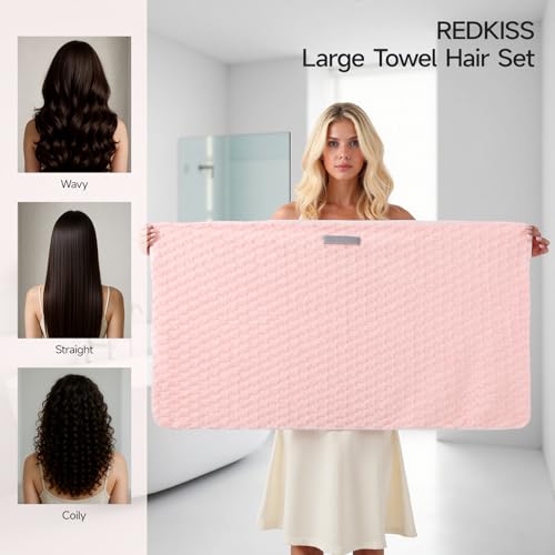 REDKISS 3 Pack Microfiber Hair Towels - Extra Large Hair Towel Wrap for Women, 24x42 inch Hair Towels with Elastic Strap, Super Soft Hair Drying Towels for Long, Thick, Curly Anti Frizz Turbans