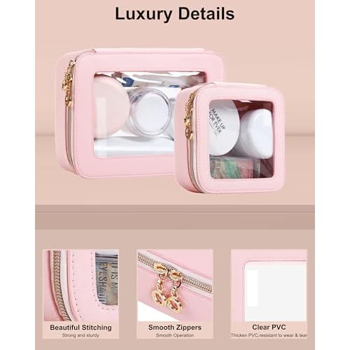 Small Clear Makeup Bag for Purse, Cute Mini Clear Cosmetic Bag Case Organizer, TSA Approved Square Small Makeup Case Pouch with Zipper, Car Travel Purse Essentials for Women (Pink, S)