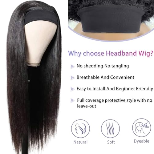 Headband Wig Human Hair Straight Headband Wigs Brazilian Virgin Hair 150% Density None Lace Front Wigs Human Hair Glueless Headband Half Wig for Women Natural Color 28 Inch