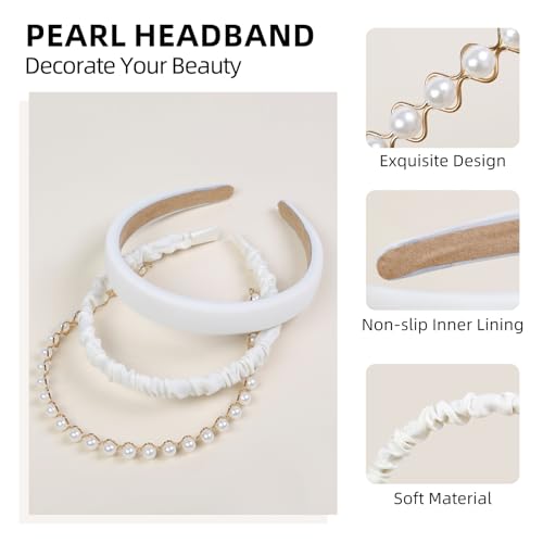 3PCS Headbands for Women & Girls - White Pearl Non-Slip Wide Padded Headbands - Cute & Vintage Women's Hair Accessories