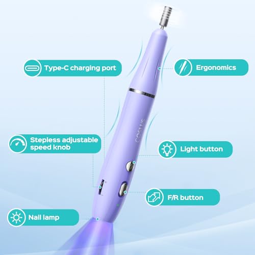 COSLUS Cordless Nail Drill Electric: 2-in-1 Nail File with Flash Cure for Acrylic Gel Dip Powder Nails, Stepless Control for Beginner Home DIY, Portable for Travel, Professional Pedicure Manicure Kit