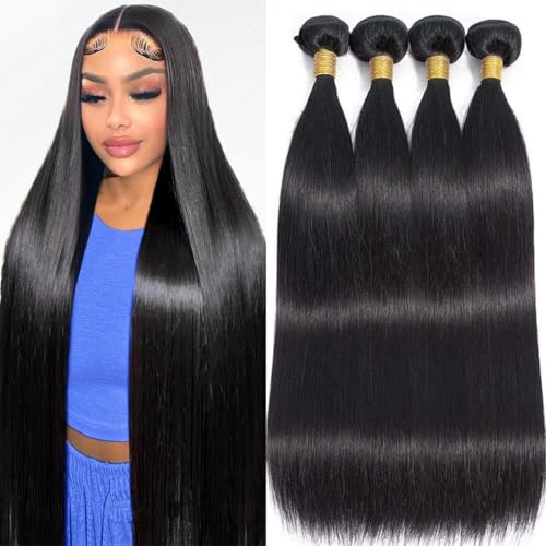 Human Hair Bundles,Straight 4 Bundles 22 24 26 28 Inch,16A Bundles Human Hair,100% Unprocessed Virgin Brazilian Hair Extensions Double Weft, Quick Weave Sew In Hair Bundle