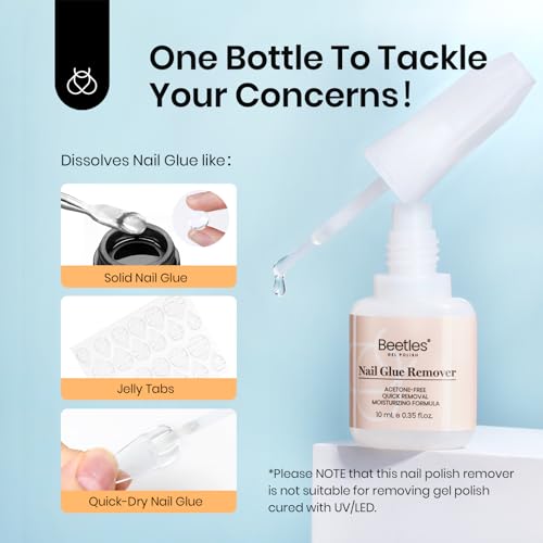 Beetles Nail Glue with Glue Remover Kit, 2 * 10ML Super Strong Easy to Remove Off Fake Nails Adhesive Remover with Cuticle Pusher