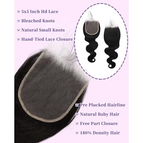 DJFG 12A Human Hair Bundles with Closure Body Wave 20 22 24+18 Inch 5x5 HD Frontal Body Wave Bundles Human Hair Real 100% Raw Unprocessed Brazilian Virgin Sew in Quick Weave Natural Black Deals