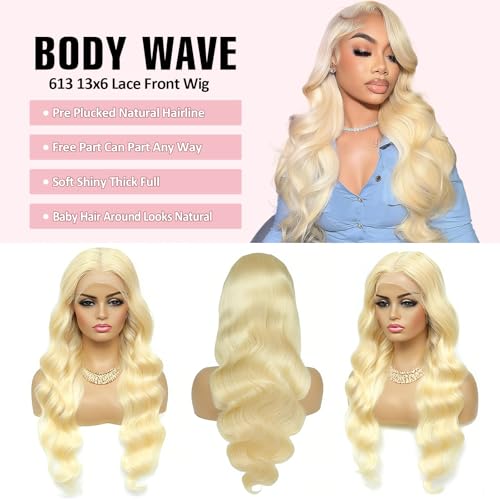 613 HD Lace Frontal Wig 200% Density 13x6 Blonde Color Body Wave Lace Front Wigs Human Hair Pre Plucked Glueless Wigs for Women (30inch)