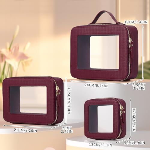 Pinkmik Clear Makeup Bag Waterproof Travel Case for Cosmetics and Toiletries Women's Purse Organizer and Clear Car Bag with Zipper (X/Burgundy, L+M+MINI)