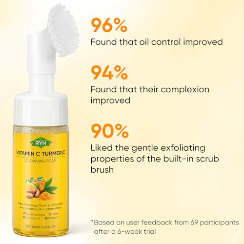 RYH 2pcs Turmeric Face Wash with Vitamin C, Deep Cleansing Face Wash Set, Glow Turmeric Facial Cleanser Foam, Vitamin C for Face, Gentle Facial Cleanser for Smoothing Skin 3.38 Fl.Oz/pc