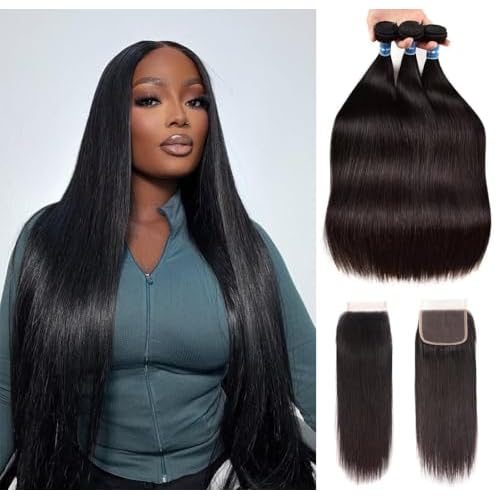 Straight Bundles Human Hair with 4X4 Lace Closure 20 22 24 with 18 Inch 100% Unprocessed Virgin Human Hair Bundles with Swiss Lace Closure Free Part Natural Color