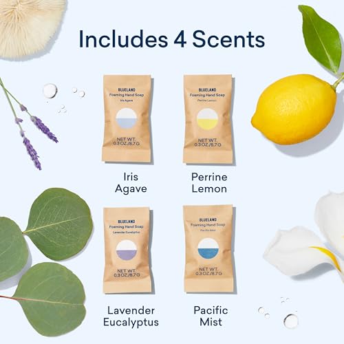 BLUELAND Foaming Hand Soap Refill Tablets, 4-Pack, Variety Pack Scents, Eco Friendly Cleaning Products, 4 x 9 Fl oz