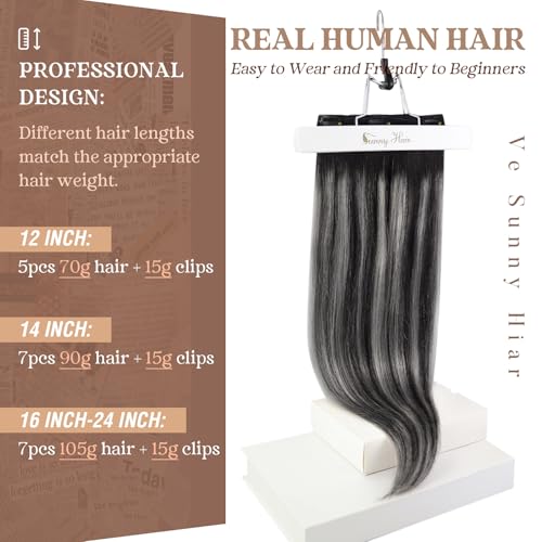 Ve Sunny Clip in Hair Extensions Real Human Hair Black Ombre Clip in Human Hair Extensions for Women Human Clip in Hair Extensions Natural Black Grey Silver Easy-to-wear 7pcs 120g 20inch