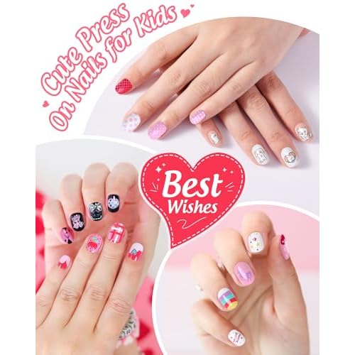 120PCS 5 Pack Press on Nails for Kids,Tweens Girls Soft Fake Nail Kit, Reusable Creative Design kids Nails, Full Cover Glitter Stick on Nails Girl Nails for Kids Ages 8-12