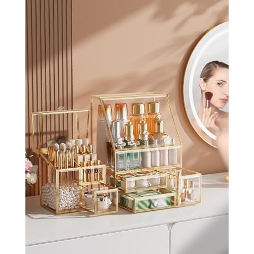 Clear Makeup Organizer with Gold Frame ? Countertop Vanity Organizer for Skincare, Lipsticks, Perfume & Brushes ? Bathroom Cosmetic Storage Display Box
