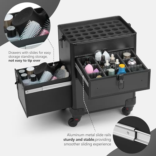 4 in 1 Rolling Makeup Case on Wheels with Drawer and Professional Cosmetic Organizers for Salon Barber - Bright Black