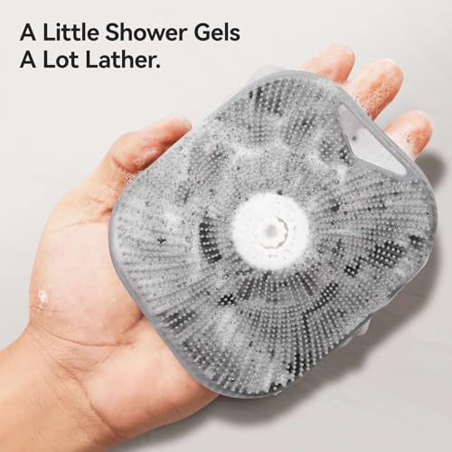Zinc Infused Silicone Body Scrubber for Men, New Upgrade Deep Exfoliating Body Scrubber for Shower, Silicone Loofah Men for Sensitive Skin with Lathering Bristles and Ergonomic Non-Slip Handle (Gray)