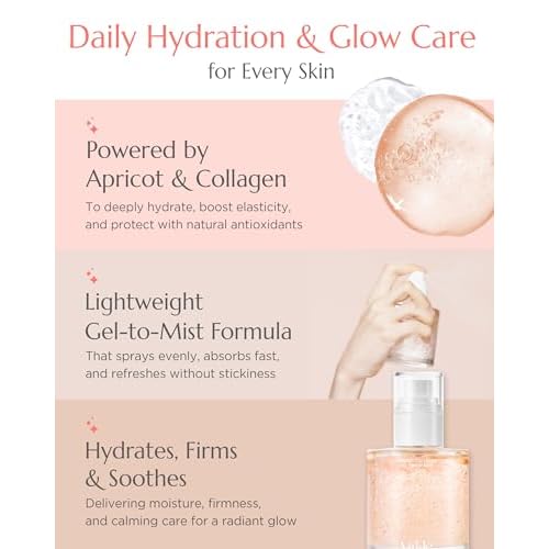 Apricot Collagen Gel Serum Mist - Korean Face Moisturizer French Patented with 8-Layer Hyaluronic Acid, Bakuchiol, Adenosine for Hydration Glow Firming Anti-Aging Spray, 3.38 fl.oz.