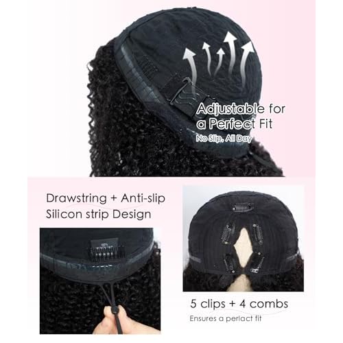 QUEEN VIRGIN REMY QVR Lace V-Part Wig Human Hair Kinky Curly No Leave Out V Shape Full Head Clip In Half Wig with Drawstring Natural Black Curly U Part Human Hair Wig for Black Women 18 Inch