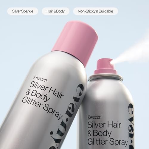 Eva NYC Kweeen Silver Hair and Body Glitter Spray Set - Original Ultra Shimmery Glitter, New Look - Adds Shine + Non-Sticky - Quick Drying Spray - Warm Vanilla Scent - Full Size + Travel Size Gift Set