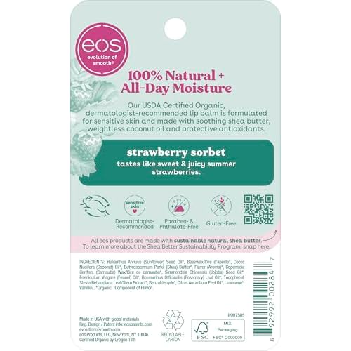 eos 100% Natural & Organic Lip Balm- Strawberry Sorbet, All-Day Moisture, Dermatologist Recommended for Sensitive Skin, Lip Care Products, 0.25 oz