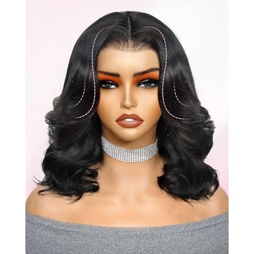 250 Density Layered Bob Wig Human Hair With Curtain Bangs 15A 6x6 Face-Framing Wear Go Glueless Wigs Human Hair Pre Plucked Pre Cut Bob Body Wave Ready To Wear Hd Lace Glueless Wigs Human Hair 14 Inch