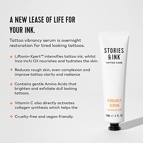 Stories & Ink Tattoo Care | VIBRANCY SERUM for healed skin - Overnight Treatment for Faded Tattoos to Brighten Pigments & Enhance Ink Intensity, 60 mL / 2 Fl Oz