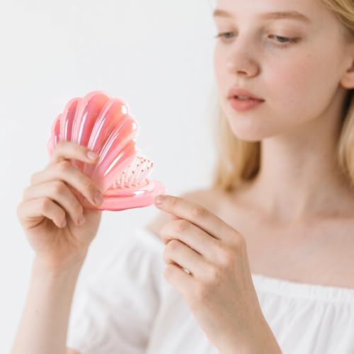 Iridescent Shell Folding Hair Brush with Mirror, Compact Travel Size Mermaid Hair Brush for Purse, Portable Brush Mini Pocket Mirror Massage Comb for Women (PINK)