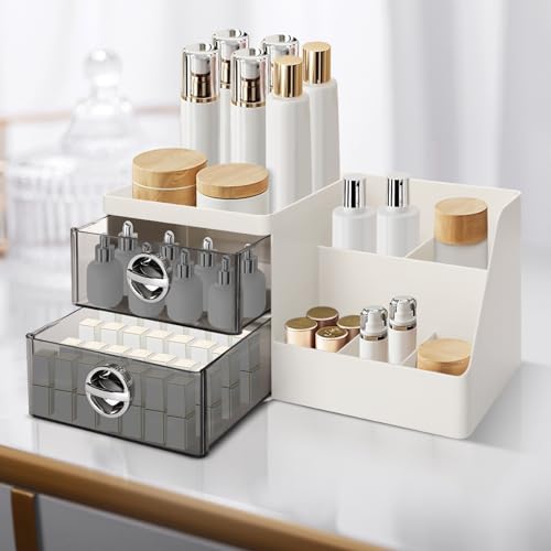 Makeup Organizer with Clear Drawers,Plastic Skincare Organizers for Vanity,Large Capacity Makeup Organizer Countertop for Cosmetics, Skincare,Office Stationery (Gray Drawer)