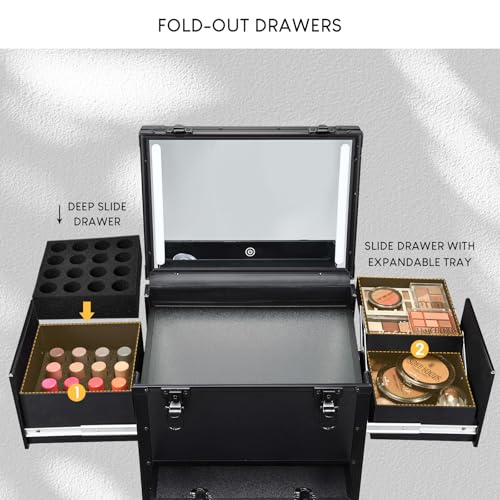 Rolling Makeup Case with lighted mirror, Cosmetology Case on Wheels with LED Mirror, Professional Salon Trolley Cart with Drawer,Travel Makeup Lockable Beauty Organizer with Live Stream Light