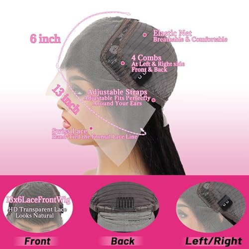 30 Inch 13x6 Lace Front Wigs Human Hair Pre Plucked, 180% Density Body Wave HD Transparent Lace Frontal Wigs with Baby Hair for Women, Glueless Wig, Natural Black
