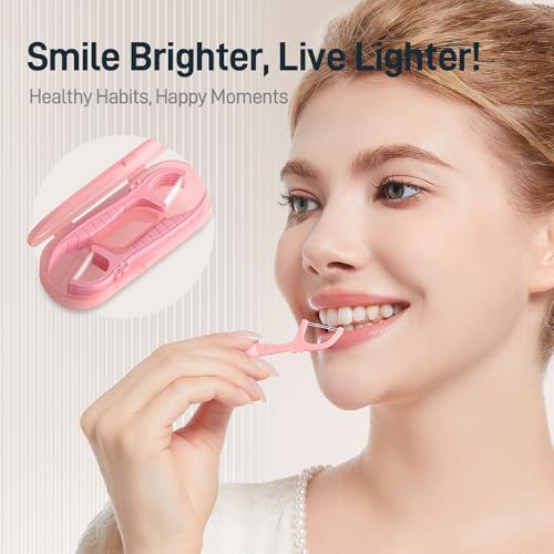 Holy Rose Pink Dental Floss Picks with Micro Travel Case - 5-Box Pack (10 Double String Flossers Each) - Easy Teeth Clean for Adults, Perfect for Home and On-The-Go Flossing