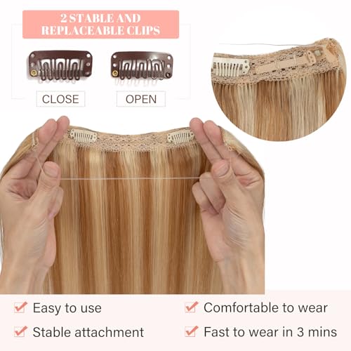 Rich Choices Halo Hair Extensions Real Human Hair Remy Hairs Halo Extension for Women Invisible Wire One Piece Clip in Hairpiece 16 Inch Straight-#12P613 Golden Brown Highlight Bleach Blonde