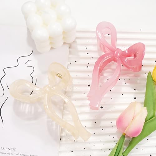 Ayesha Bows Claw Clips - 2 Colors Ribbon Coquette Clips for Thick Hair and Girls, Including Pink