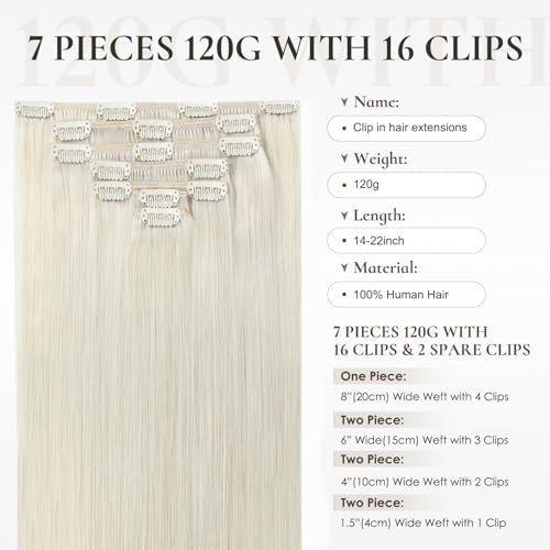 Human Hair Extensions 22 inch 120G 7 PCS Platinum Blonde Straight Remy Long Clip In Real Brazilian 100% Human Hair Natural Thick Clip on Hair Extensions