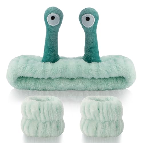 SuPoo 3pcs Snail Face Wash Headband and Wristband Set, Green, Puffy Microfiber Fleece Material, Cute Wrist Towels, for Spa, Sports, Yoga, Face-Washing, Makeup and Shower
