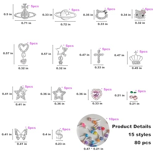80Pcs Silver Nail Charms Set with Pink Hearts£¬Crosses, Stars,Butterflies, Dollars, Cherries, Crowns,Lollipop Y2k Nail Gems for Women Girls Nail Decorations DIY Craft