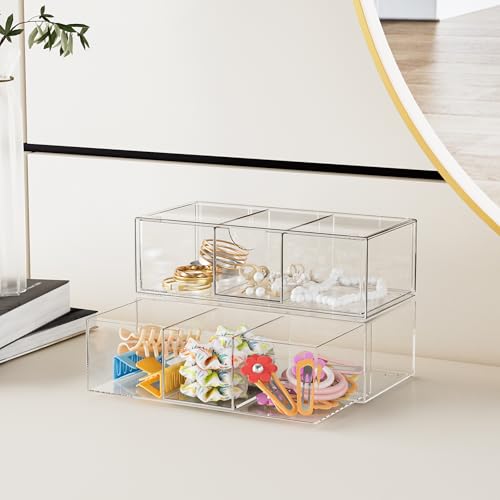 Hair Accessories Organizer for Girls, Clear Acrylic Hair Bow Tie Clip Scrunchie Holder with Removable Divider, Cute Small Stackable Storage Drawer Container Caddy Box for Bathroom Vanity Countertop