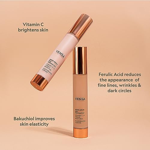 YENSA Serum Foundation Makeup - Super Silk Full Coverage Foundation Enriched with Peptides, Vitamin C & Ferulic Acid to Help Reduce Fine Lines, Wrinkles & Dark Circles - Tan 1 (1 oz)